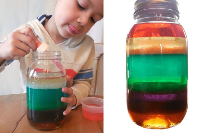 Arcoíris líquido, ensayo con las distintas densidades de los líquidos