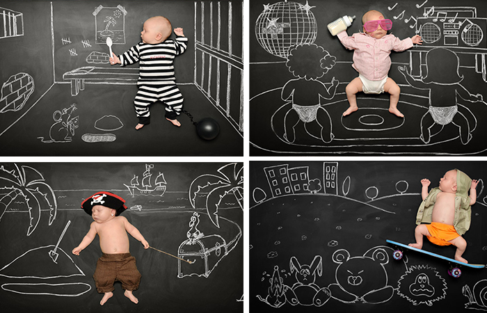 fotos de tu bebé en una pizarra con dibujos temáticos