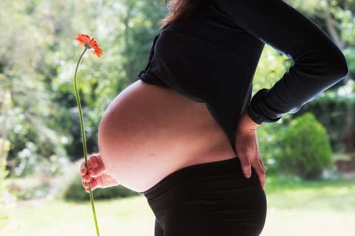 Mujer embarazada sujetando flor