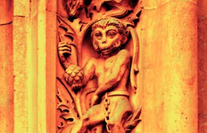 El mono en la fachada de la Catedral Nueva de la Puerta del Nacimiento Salamanca en detalles
