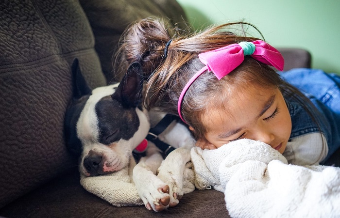 Niña durmiendo con su perro. Alérgico a la mascota: tratamiento