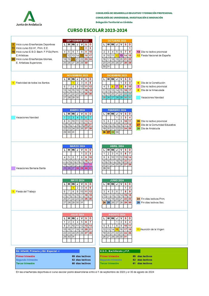 Calendario escolar Córdoba