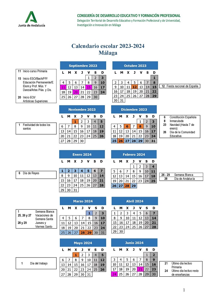 Calendario Escolar Málaga