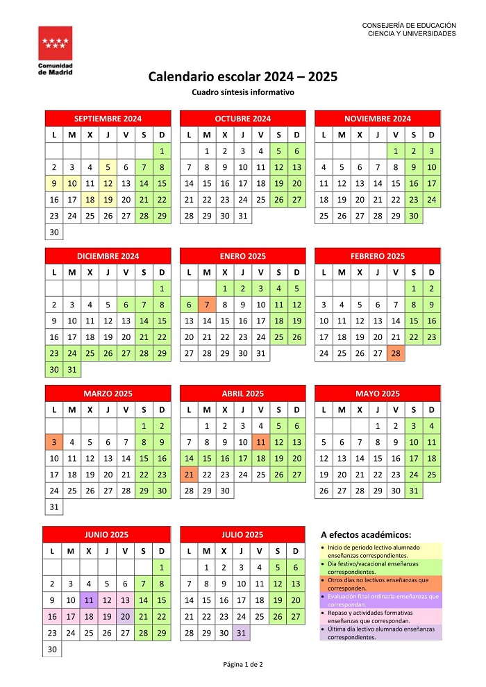 Curso 2024-2025: Calendario escolar de la Comunidad de Madrid