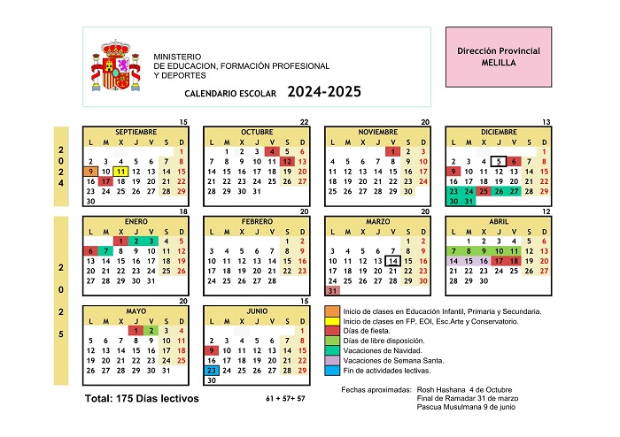 Días de clase en centros de enseñanza y festivos en la Ciudad Autónoma de Melilla